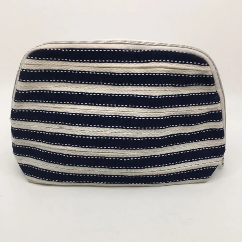 Oscar de la Renta Navy Blue and Cream Striped Padded Makeup / Cosmetic Bag